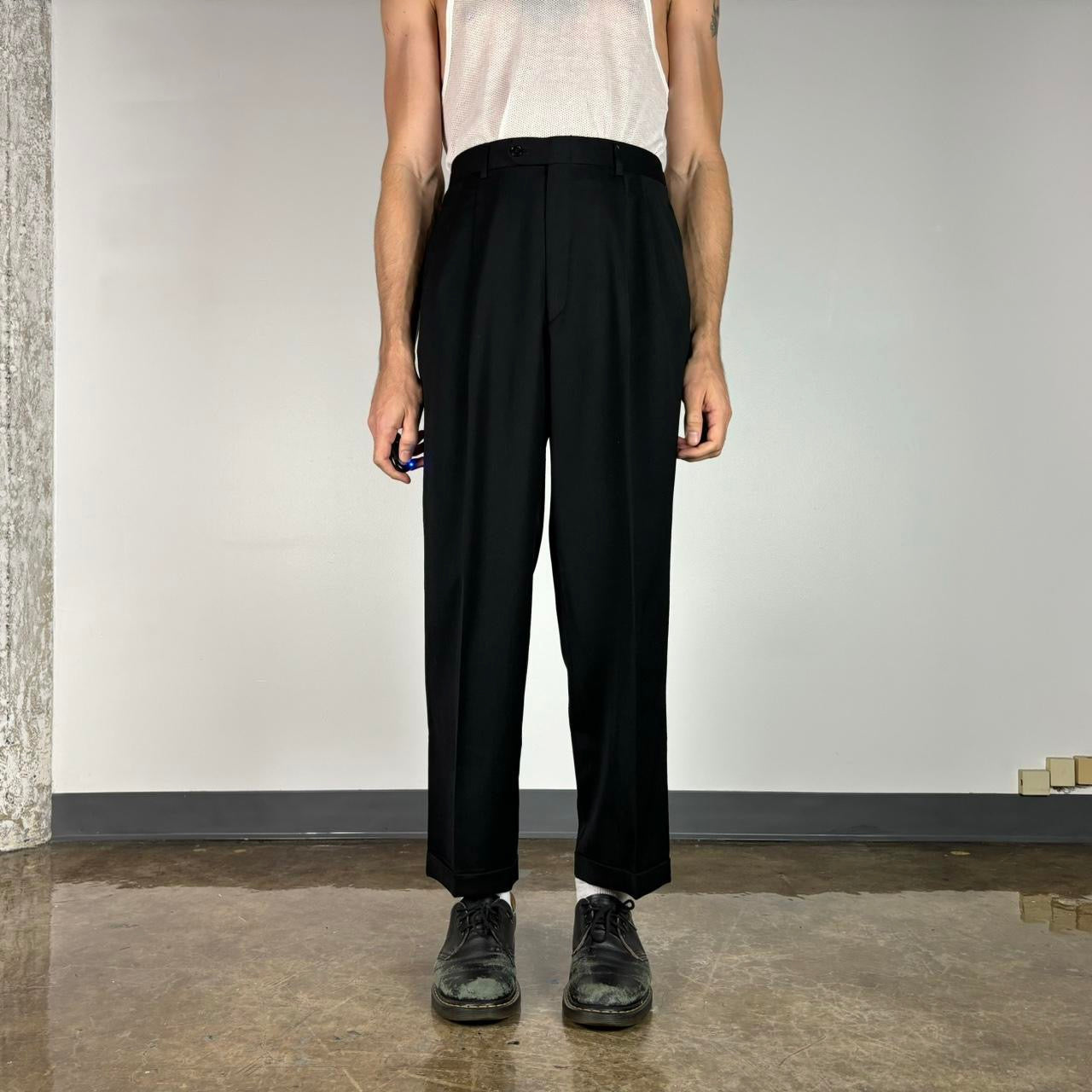 1980S BLACK WOOL HIGH WAISTED PLEATED TROUSERS 34x29