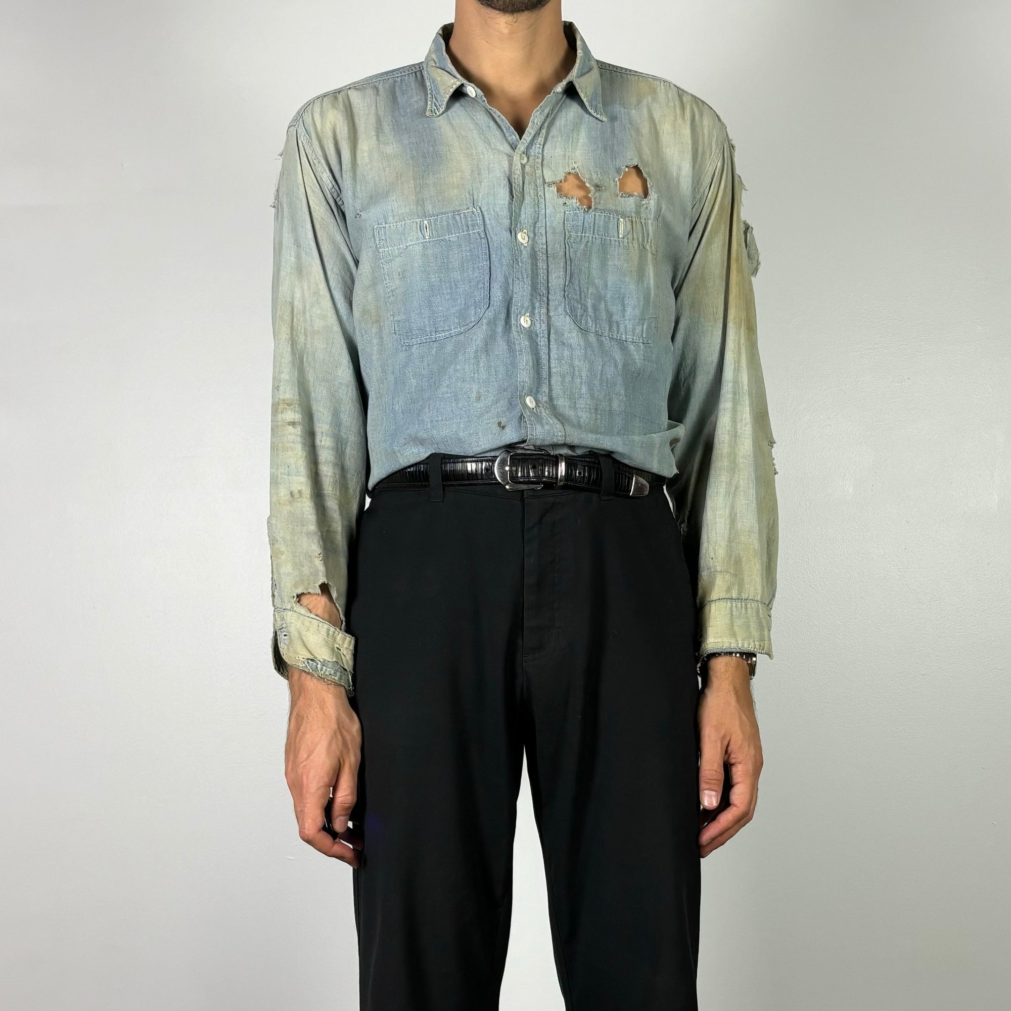 1930S WASHINGTON THRASHED CHAMBRAY LONG SLEEVE SHIRT L