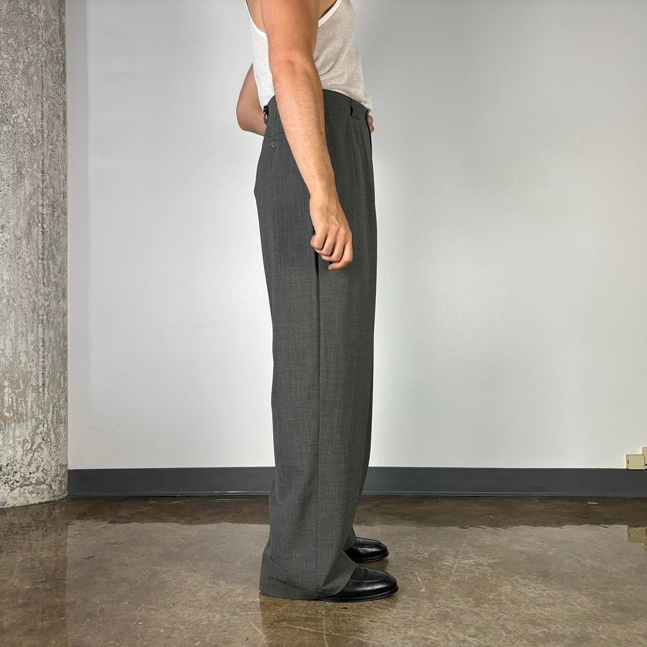 1980S GIORGIO ARMANI GRAY HIGH WAISTED WIDE LEG TROUSERS 34x34