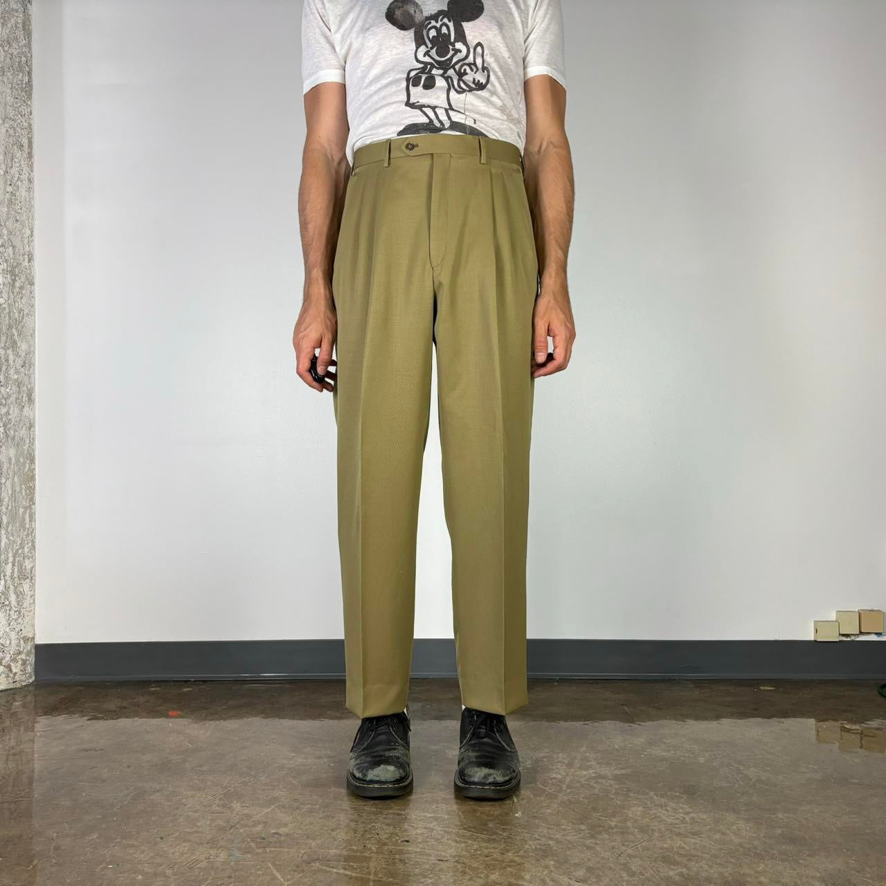 1990S KHAKI WOOL HIGH WAISTED PLEATED TROUSERS 34x30