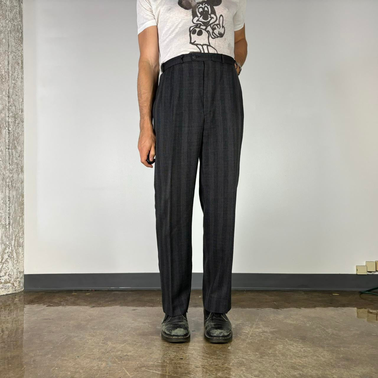 1990S CHARCOAL STRIPED HIGH WAISTED PLEATED TROUSERS 36x31