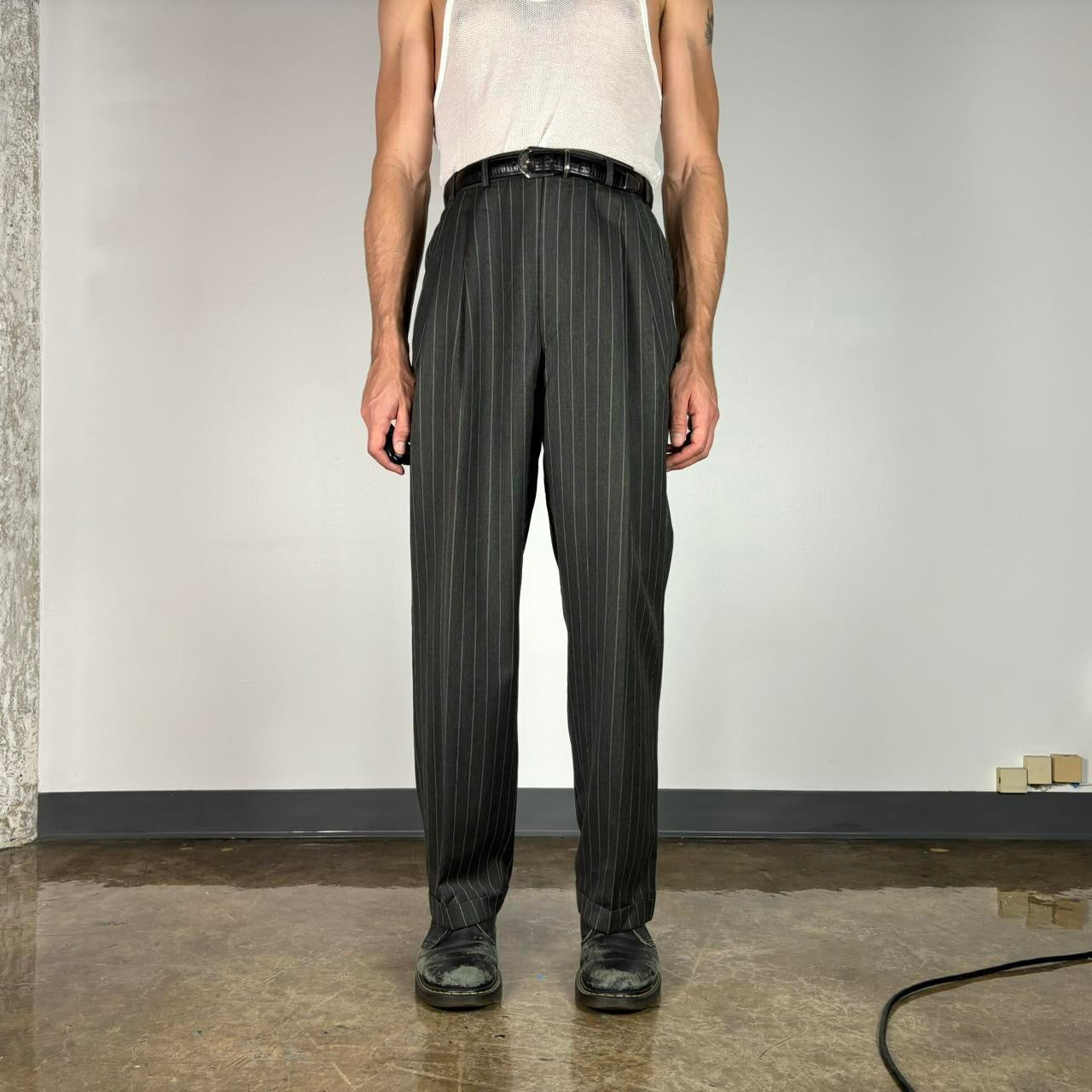 1990S GRAY WOOL PINSTRIPES PLEATED TROUSERS 38x32