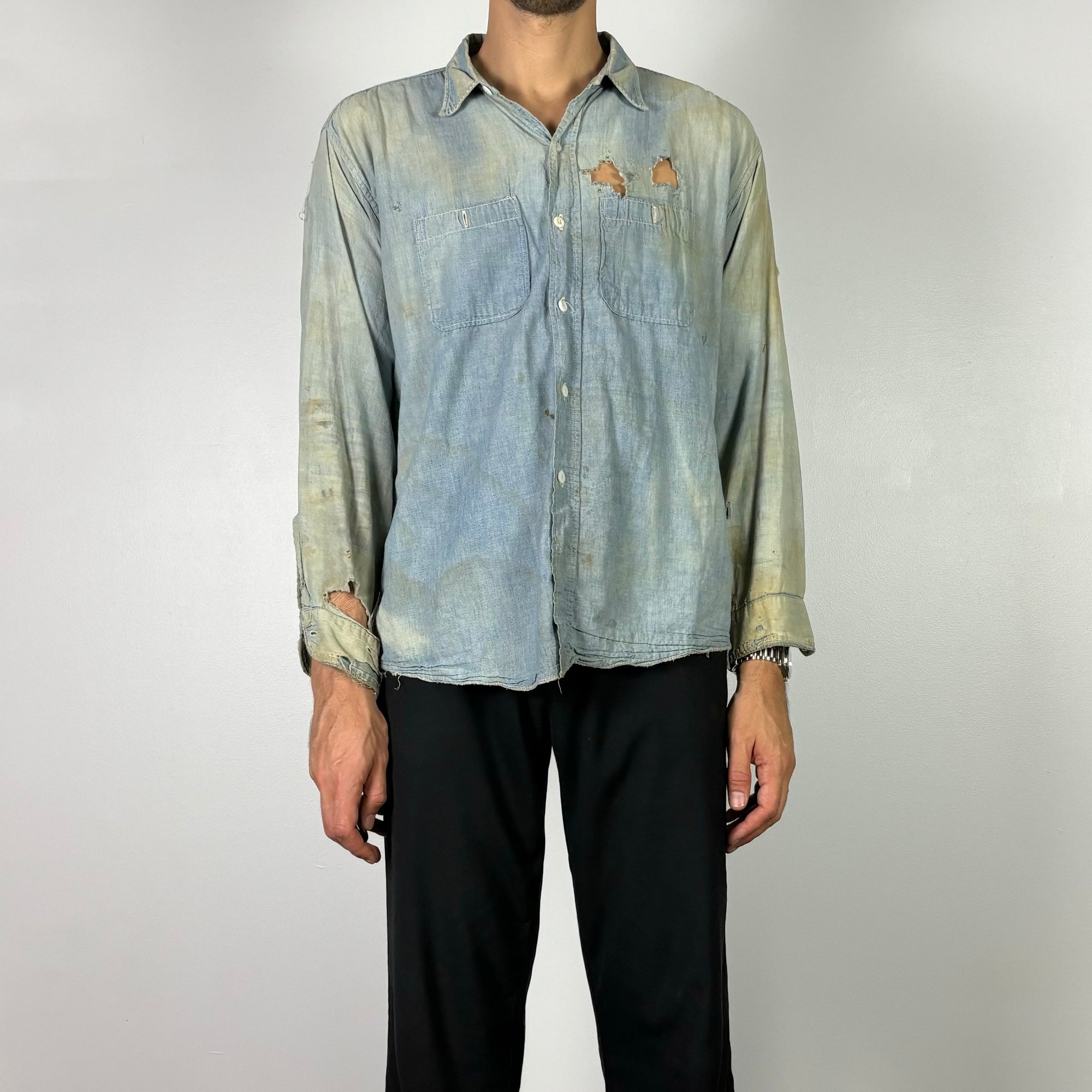 1930S WASHINGTON THRASHED CHAMBRAY LONG SLEEVE SHIRT L